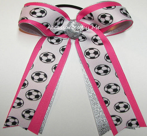 Soccer Hot Pink Silver Ponytail Bow
