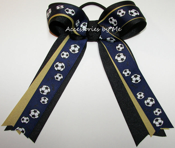 Soccer Navy Blue Gold Ponytail Bow