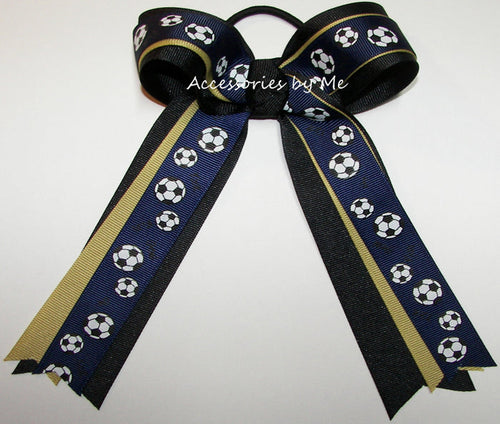 Soccer Navy Blue Gold Ponytail Bow