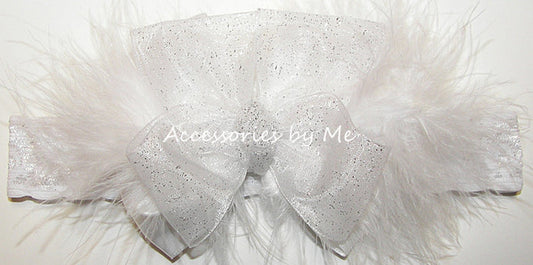 Glitzy White Organza Marabou Bow Lace Headband - Accessories by Me