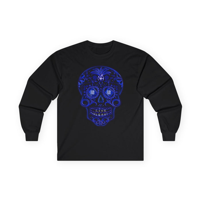Sugar Skull In Blue  Long Sleeve dtg Tee