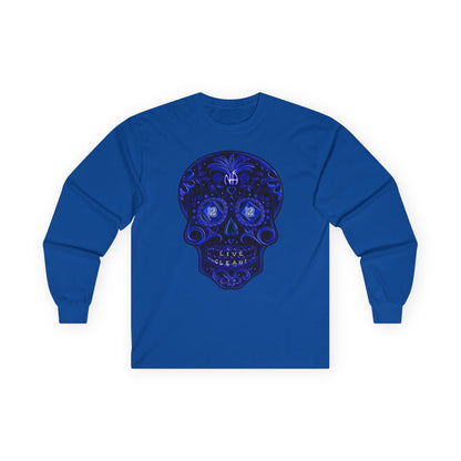Sugar Skull In Blue  Long Sleeve dtg Tee