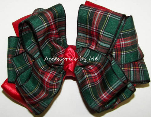 Tartan Plaid Green Red Satin Hair Bow