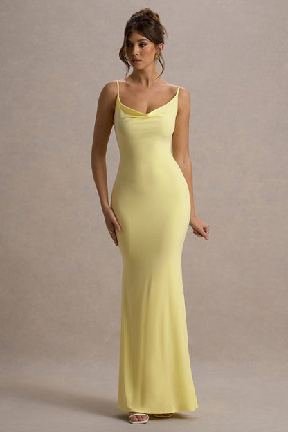 Francoise | Lemon Cowl Neck Backless Maxi Dress With Lace Insert