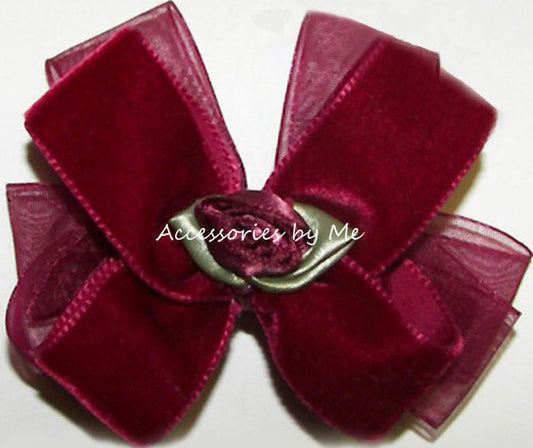 Wine Velvet Organza Rose Flower Hair Bow