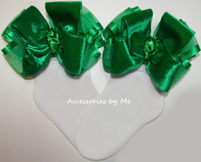 Emerald Green Velvet Organza Ruffle Bow Socks