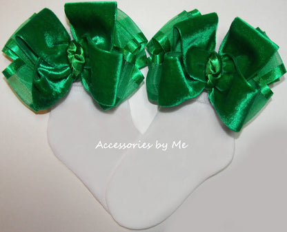 Emerald Green Velvet Organza Ruffle Bow Socks